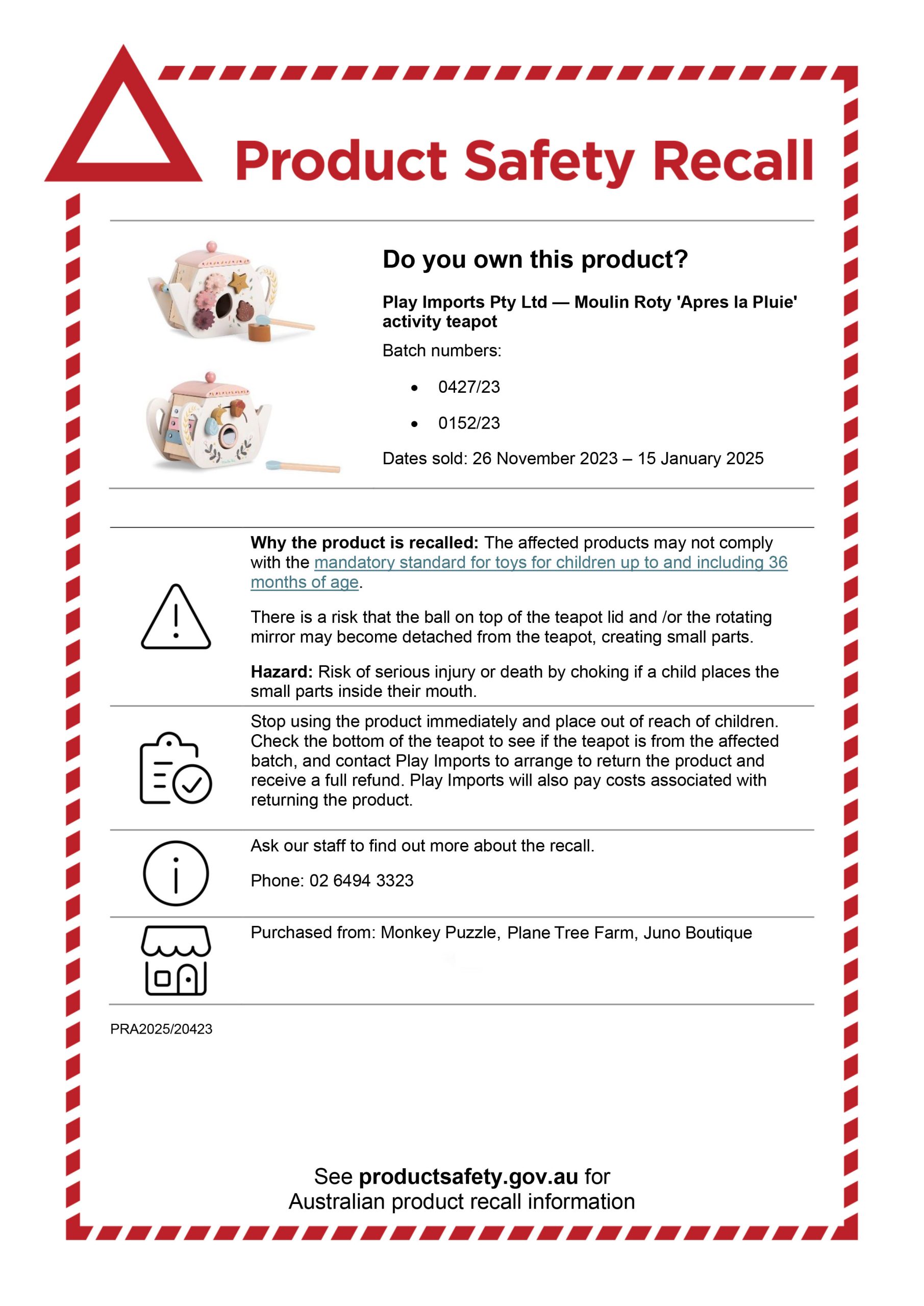 product safety recall apres la pluie activity teapot